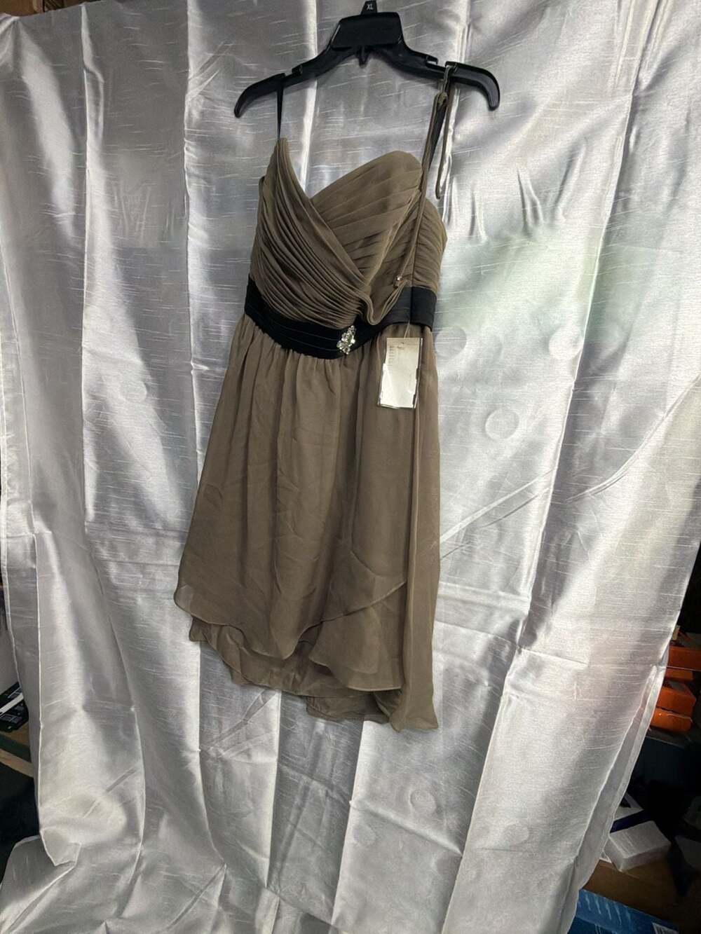 ABS Allen Schwartz Strapless Taupe Chiffon Cocktail Dress